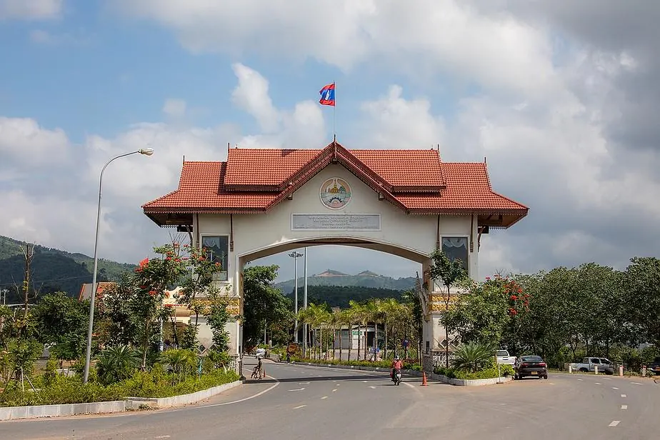 Dansavanh border gate with its red Lao-style roof